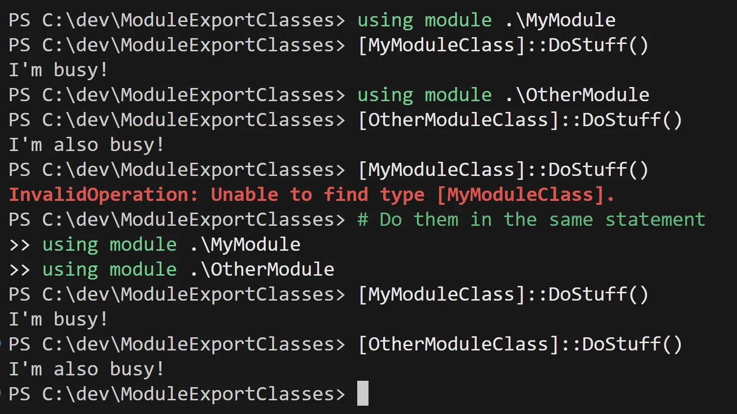 Using module statements in a single block can resolve class usage