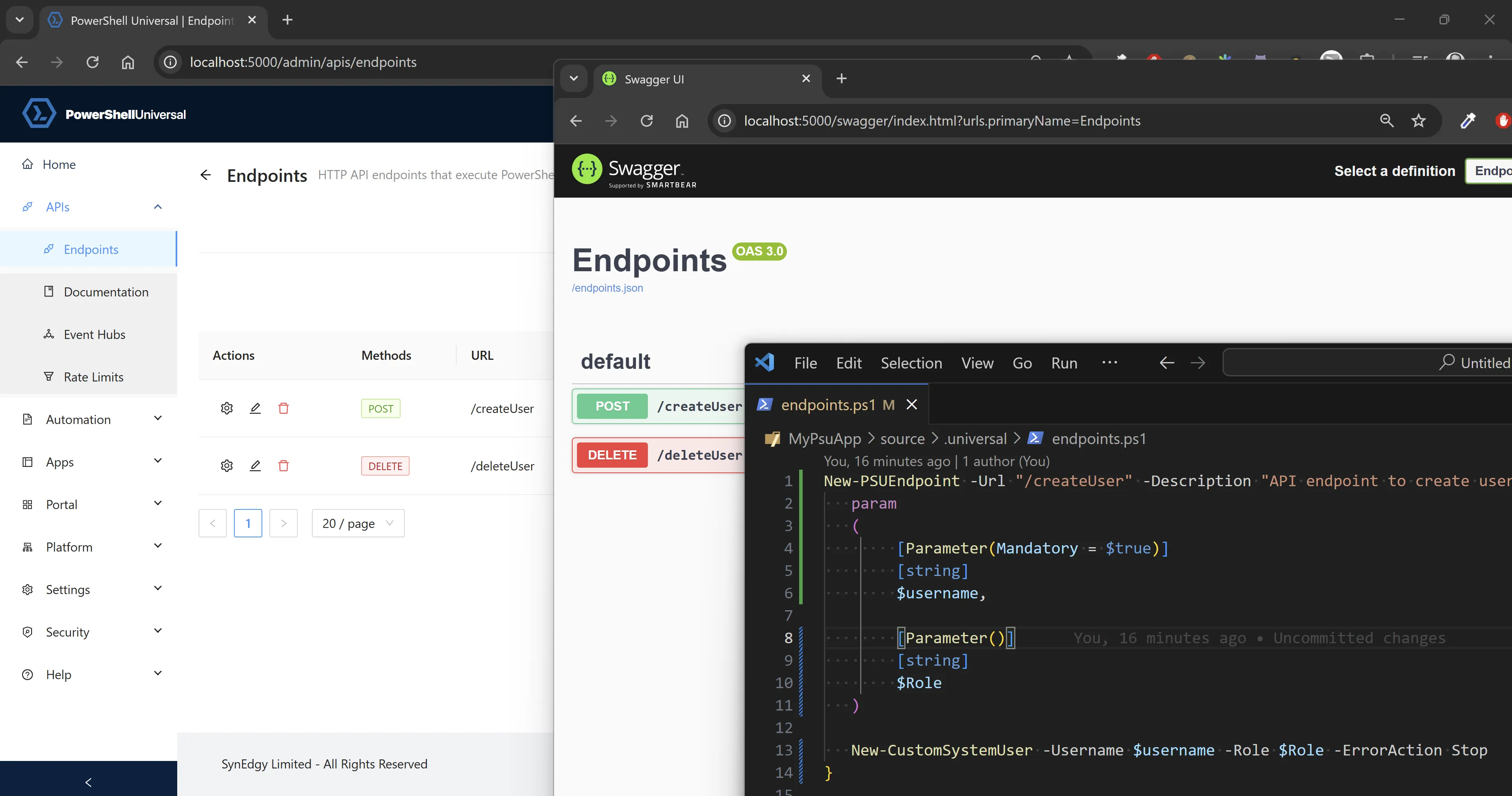 PowerShell Universal API endpoint definition and generated Swagger view