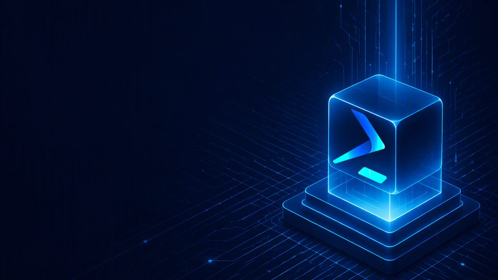 A glowing PowerShell symbol connected to an automation network